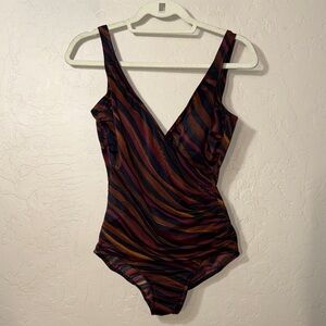 Miraclesuit bronze striped surplice abstract cross front one piece swimsuit
